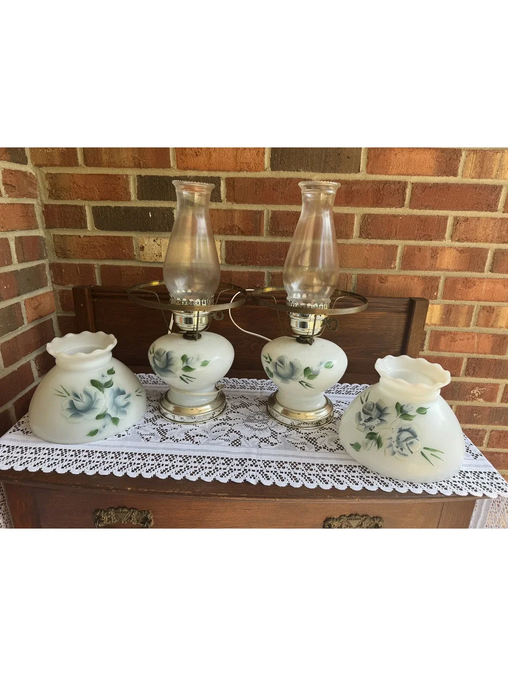 Pair of Vintage Electric Glass Hurricane Table Lamps with Floral Design